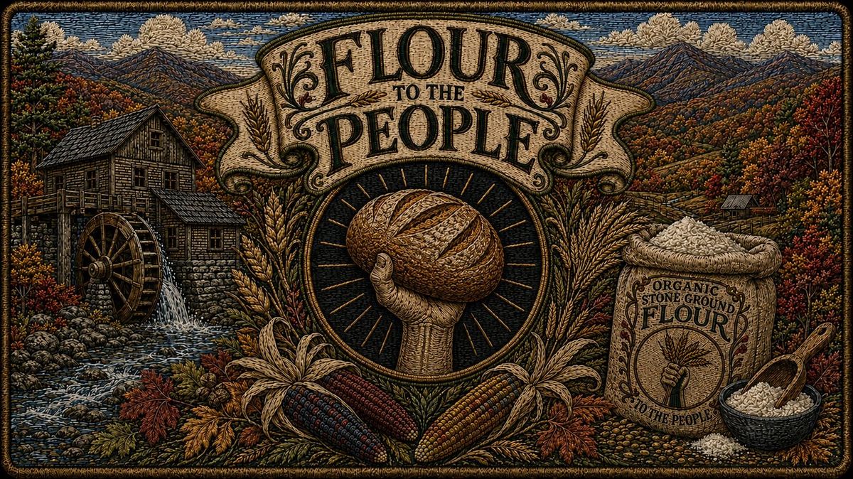 Flour to the People — embroidered emblem with watermill, autumn Blue Ridge Mountains, wheat sheaves, fist holding a loaf, heritage corn, and a sack of organic stone-ground flour